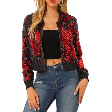 INSPIRE CHIC Women's Sequin Party Long Sleeve Zipper Up Cropped Bomber Jacket 3XL Red
