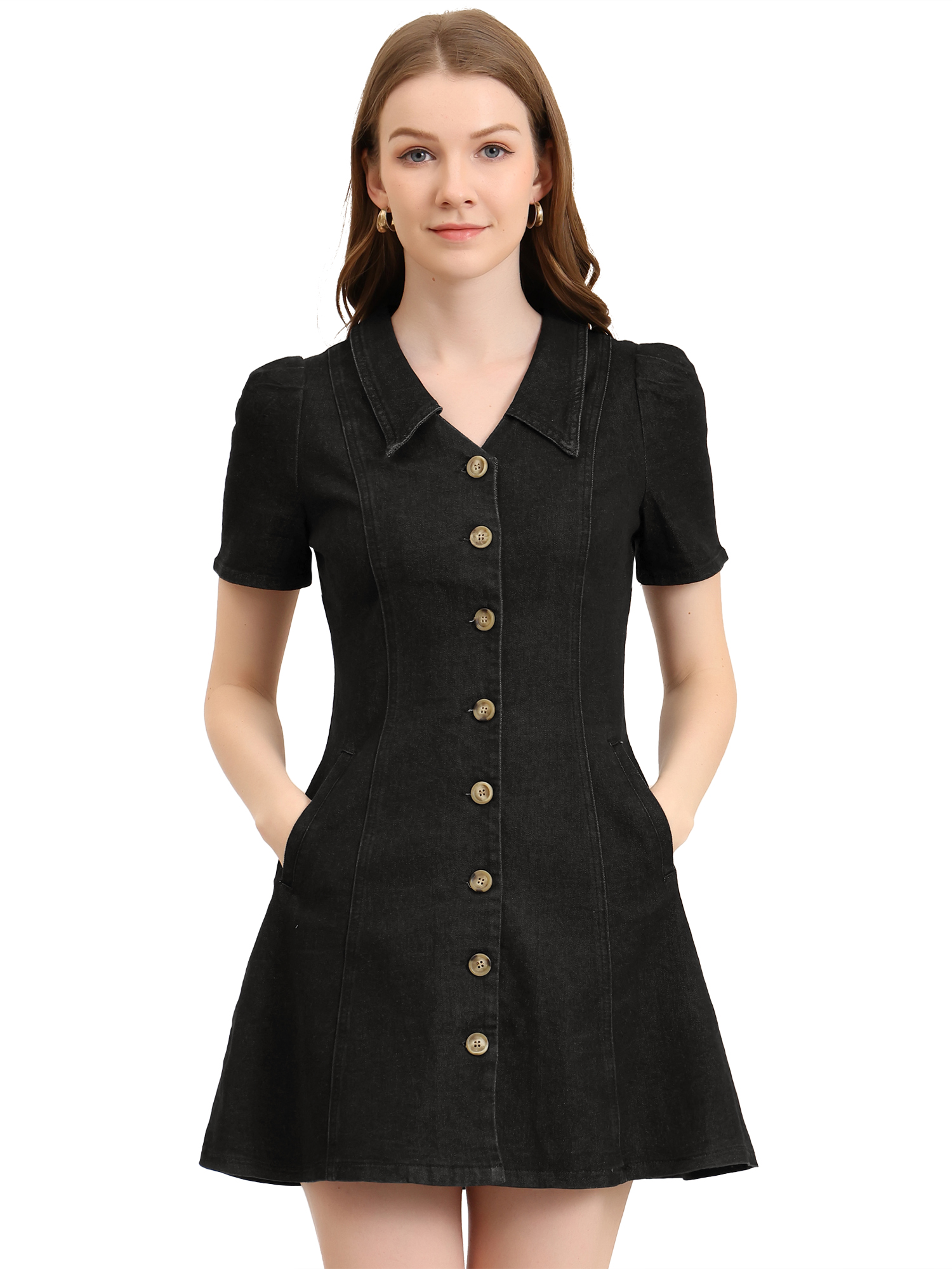 INSPIRE CHIC Robe en Denim Évasée pour Femme, Couleur Unie, Col Rabattu, Noir, TG