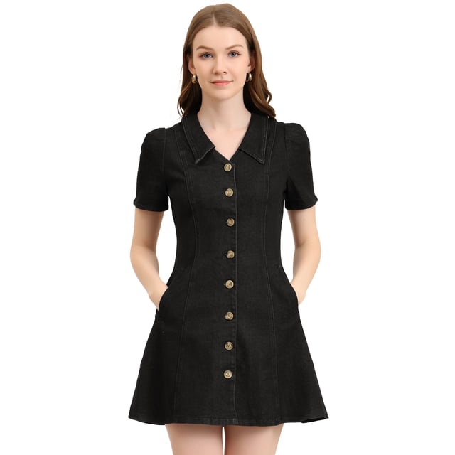 INSPIRE CHIC Robe en Denim Évasée pour Femme, Couleur Unie, Col Rabattu, Noir, TG