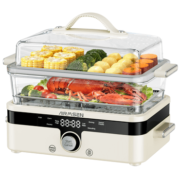 AIRMSEN 8-in-1 Glass Food Steamer for Cooking, 1200W Electric Vegetable Steamer with Removable Water Tank, 12H Delay Start & Auto Warm Mode, BPA-Free