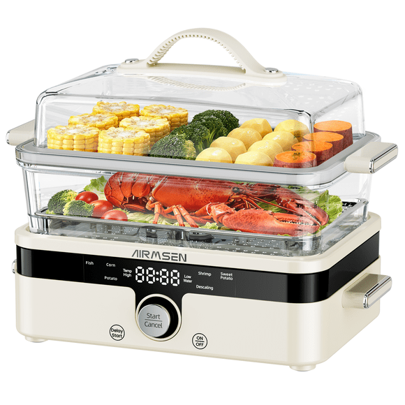 AIRMSEN Cuiseur Vapeur Alimentaire en Verre 8-en-1 pour la Cuisson, Cuiseur Vapeur Électrique pour Légumes 1200 W avec Réservoir d'Eau Amovible, Démarrage Différé 12 H et Mode de Chauffage Automatique, Sans BPA