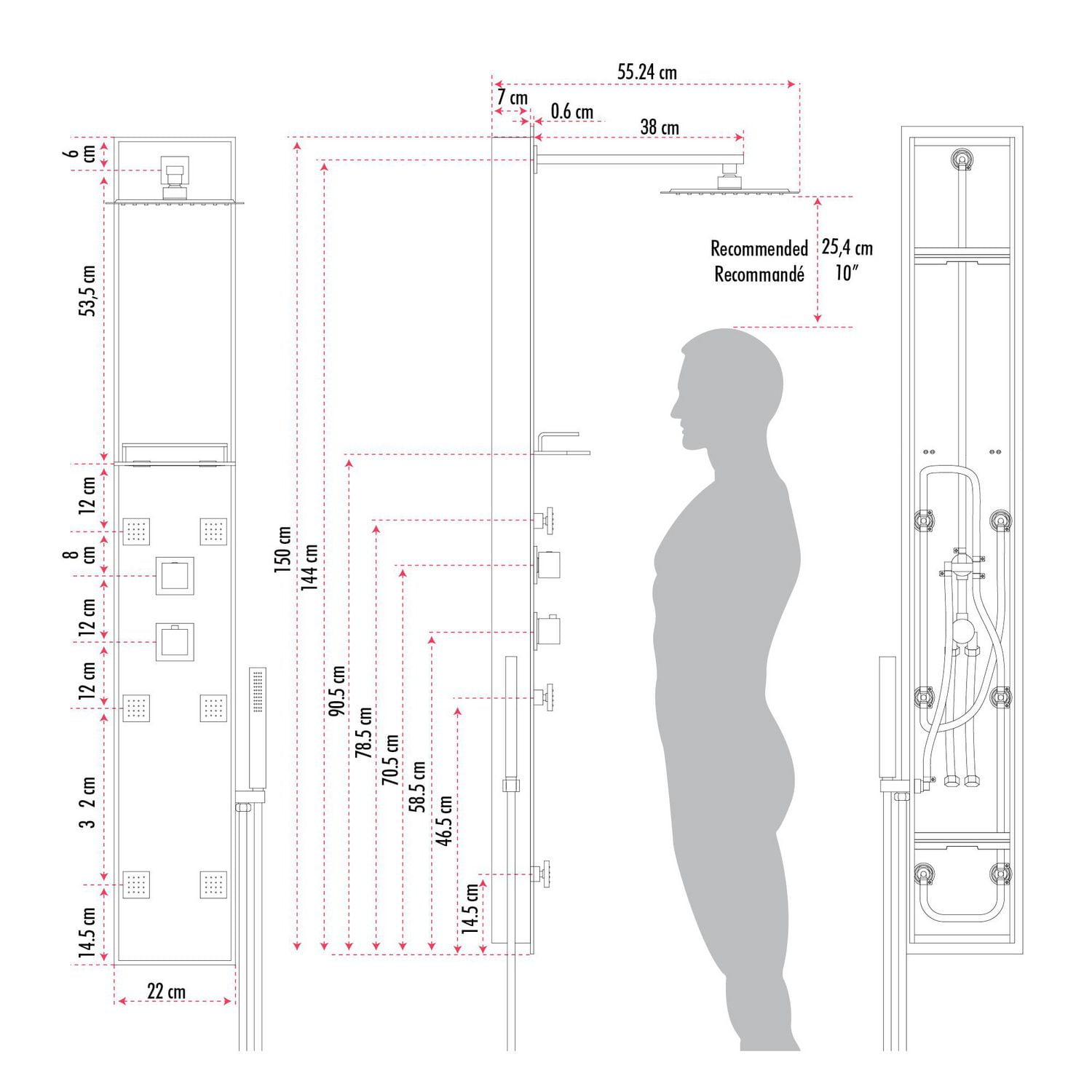 The akuaplus® ZARA stainless steel and glass shower panel with thermostatic cartridge and 3-way diverter, 6 body jets oriental, plus 1 shelf.
