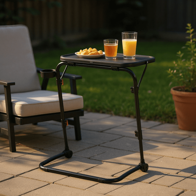Homy Casa Adjustable Folding Dining Table with Cup Holder in black metal frame and foldable design beside a cushioned patio chair on a stone patio, holding snacks and two glasses of juice, ideal for small kitchens, balconies, or apartments and suitable as a portable side table.