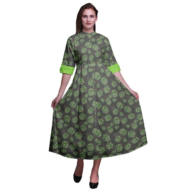 Bimba Robe Chemise à Imprimé Feuilles à Boutons, Col Mandarin, Manches Retroussables - Grande