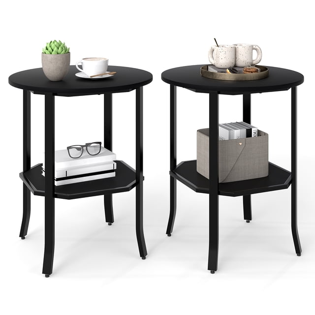 Gymax 2PCS Round End Table Night Stand w/ Storage Shelf Modern Bedside Table Black