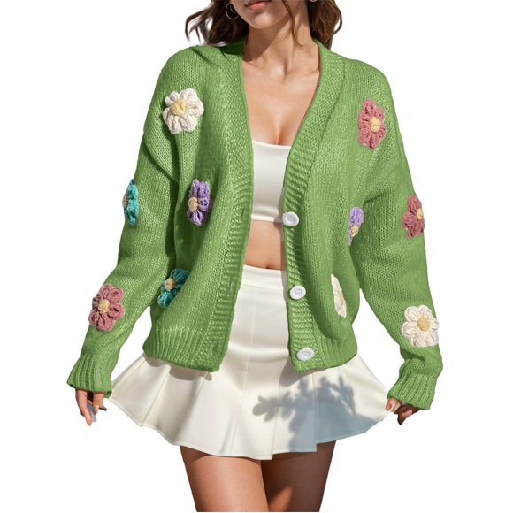 YISITIAN Floral Print Cardigan for Women, Cute Long Sleeve Button Up Knit Sweater with Soft Comfortable Fabric, Elegant Open Front Cover Up for Spring Fall Seasonal Wear(Green,M) AZ1014-4028