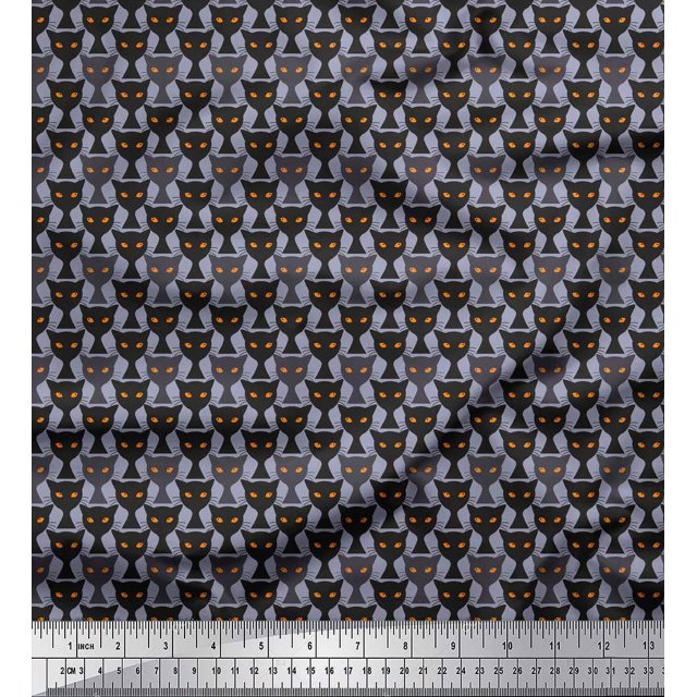 Soimoi Grey Poly Georgette Fabric Cat Animal Printed Fabric 1 Yard 52 Inch Wide