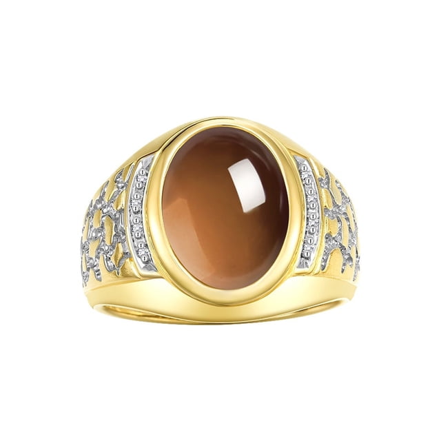 RYLOS Men's Rings 14K Yellow Gold Nugget Ring with Cabochon Gemstone & Diamonds Smoky Quartz Rings For Men Size 10