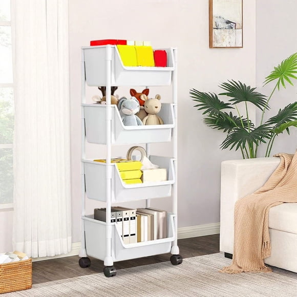 mtvxesu Mobile Rolling Storage Cart with 4 Open Tiers, Multi-Functional Abs Plastic Utility Organizer Rack with Wheels for Home Office Dorm, 1-Piece