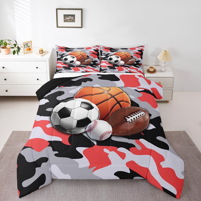 Erosebridal Ensembles de Couette Ball Game Format Grand, Couettes et Duvets Camouflage Noir Gris Rouge, Réversible