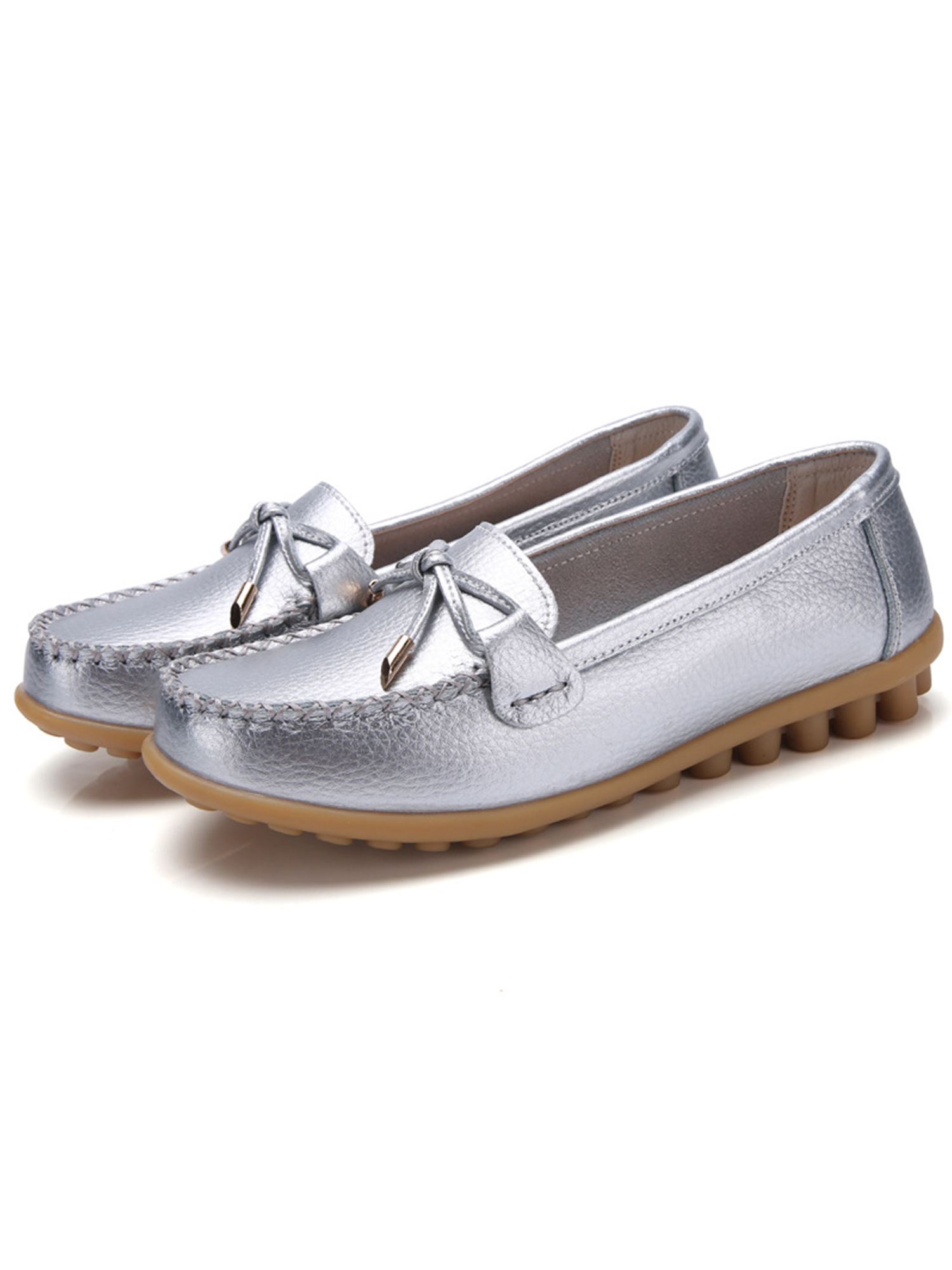 MAWCLOS Ladies Moccasins Comfort Nursing Shoes Slip On Resistant Loafers Bow Work Boat Shoe Silver 8.5
