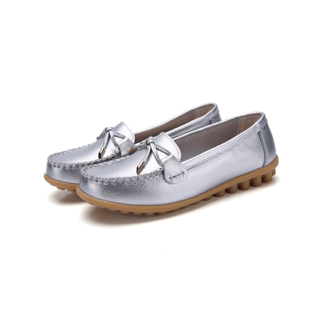 MAWCLOS Ladies Moccasins Comfort Nursing Shoes Slip On Resistant Loafers Bow Work Boat Shoe Silver 8.5