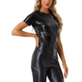 thumbnail image 4 of INSPIRE CHIC Women's Party Metallic Textured Short Sleeve Shiny Multicolor Top Shiny Black L, 4 of 5