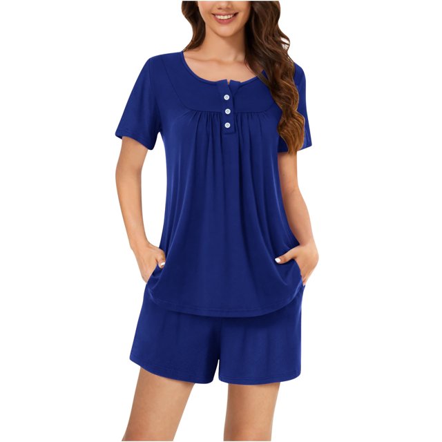 AherBiu Ensembles de Pyjama pour Femmes 2 Pcs Boutons Col Rond Hauts Ensemble de Pjs Shorts Confortables Vêtements de Nuit Vêtements de Nuit
