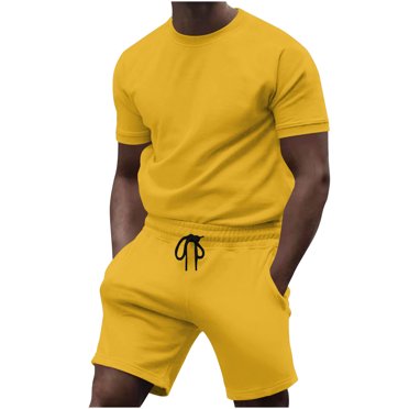 Weiqiqre Ensemble Sport pour Hommes Deux Pièces Couleur Unie T-shirt Décontracté à Manches Courtes et Short Tenue de Vacances d'Été