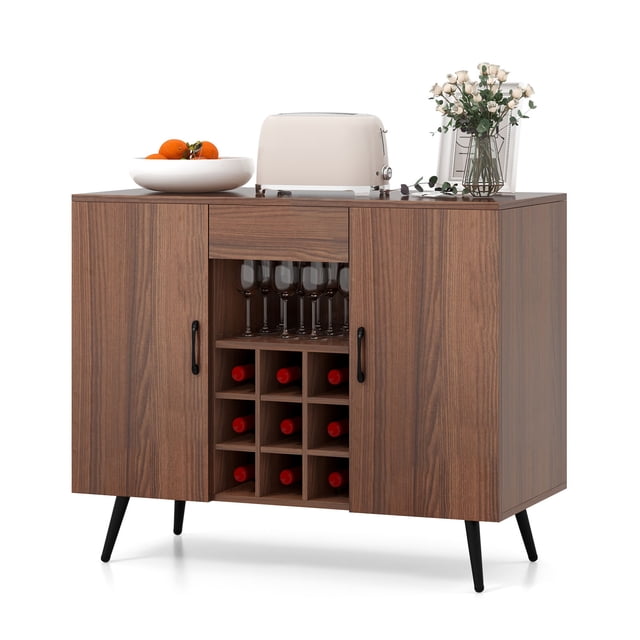 Giantex Coffee Bar Cabinet with storage, a farmhouse wood buffet sideboard featuring a removable 9-bottle wine rack. Includes a spacious tabletop, pull-out drawer, open compartment, and two single-door cabinets with adjustable shelves for versatile kitchen storage. Supported by sturdy metal legs with non-slip foot pads, the walnut finish complements bar furniture and mid-century modern decor.