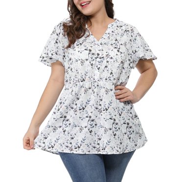 Agnes Orinda Women's Plus Size Tops Short Sleeve Smocked Waist V Neck Ditsy Floral Chiffon Summer Blouse 3X White