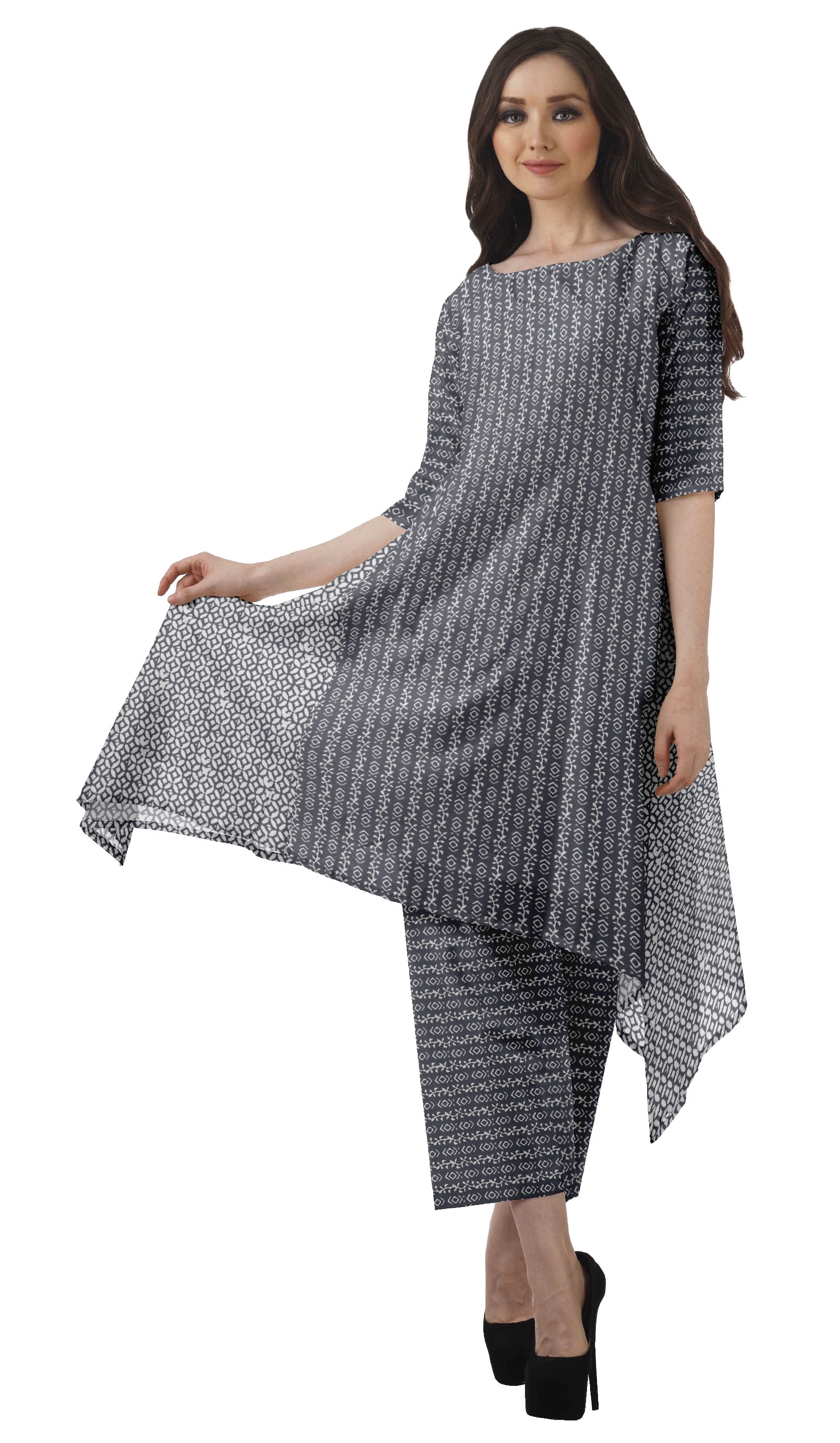 Moomaya Ensemble Kurti Asymétrique Imprimé pour Femme Grande Taille, Chanderi en Coton, 1 Unité
