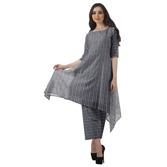 Moomaya Women's Plus Size Printed Asymmetric Kurti Pant Set, Cotton Chanderi, 1 Count