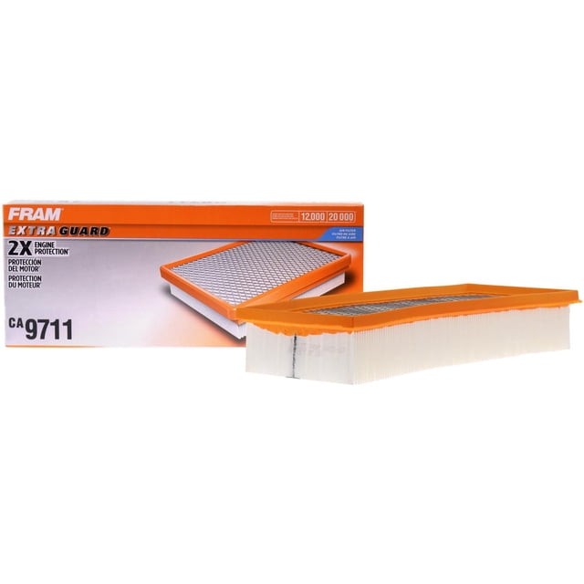 FRAM Air CA9711 Filtre à de Moteur à Garde Supplémentaire avec Cadre en Caoutchouc orange et Support de Filtre Plissé Blanc, Affiché avec Sa Boîte Affichant une protection du Moteur 2X et une Utilisation jusqu'à 20 000 km, Conçu pour Améliorer les Performances et la Durabilité du Moteur.