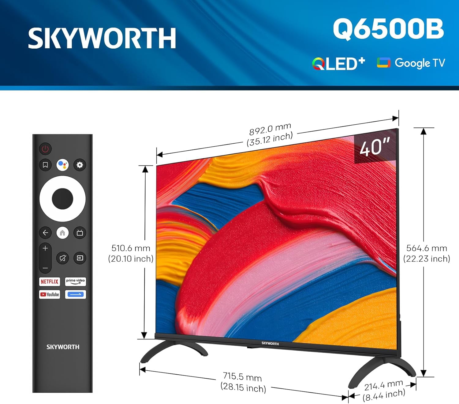 SKYWORTH Téléviseur Intelligent QLED 40 Pouces, FHD Compatible avec Google TV, HDR10, Dolby Audio, Bluetooth 5.1, Google Cast Intégré, Télécommande Vocale, Protection des Yeux, Modèle 2025, Q6500B