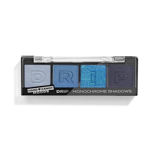 Hard Candy,Moods Shadow Palette, 4 Teintes Monochromatiques Audacieuses et Modulables, Goutte à Goutte, 0,10 Oz dans un Étui Rectangulaire Noir avec Couvercle Transparent, Contenant Quatre Fards à Paupières Bleus Embossés de Lettres D, R, I, P, Offrant des Finis Mats, Scintillants et Pailletés pour des looks d'Yeux Polyvalents.