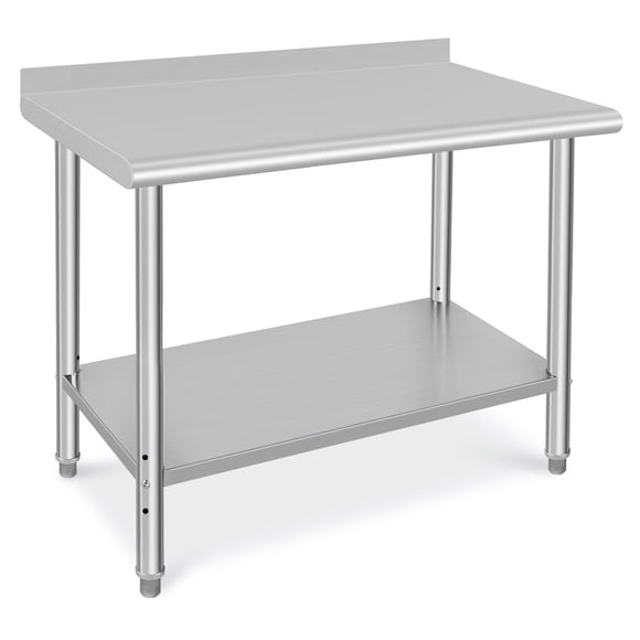Senfot 48 x 24 x 35 Inch Double Layer Stainless Steel Workbench, Stationary Utility Table without Casters, Equipped with Rear Back Panel for Kitchen Garage