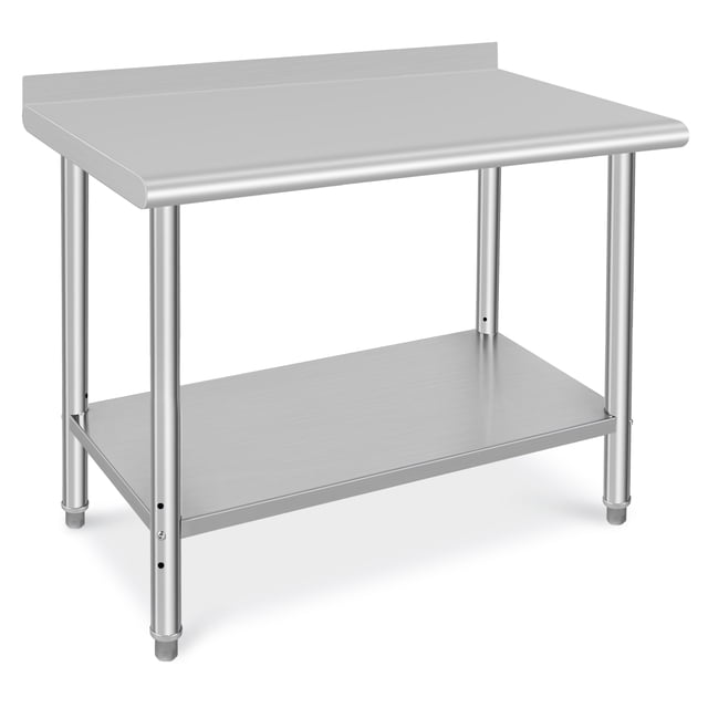 Senfot 48 x 24 x 35 Inch Double Layer Stainless Steel Workbench, Stationary Utility Table without Casters, Equipped with Rear Back Panel for Kitchen Garage