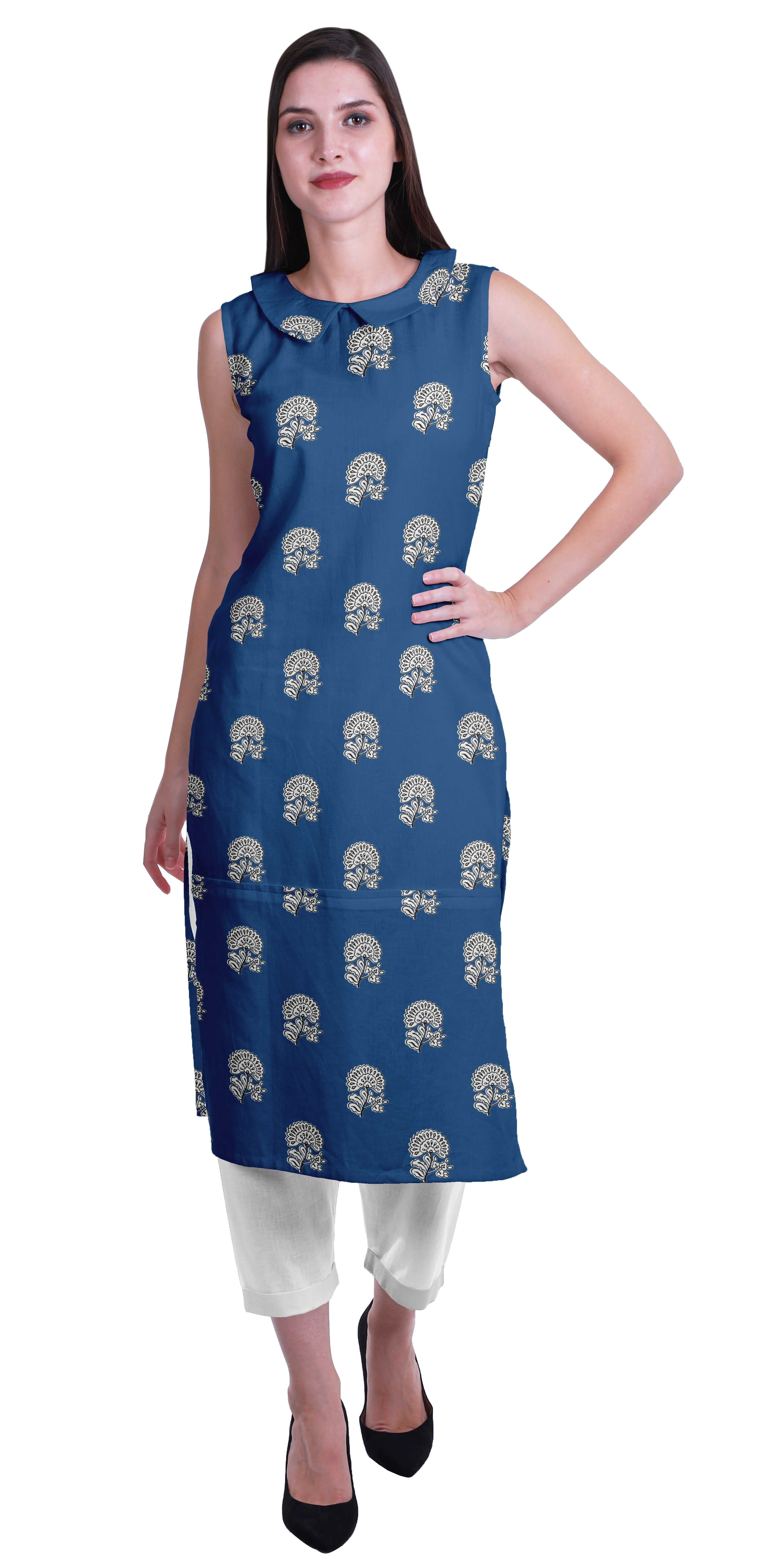Moomaya Kurta Sans Manches à Col Peter Pan avec Pantalon Ensemble Ethnique 2 Pcs pour Femmes