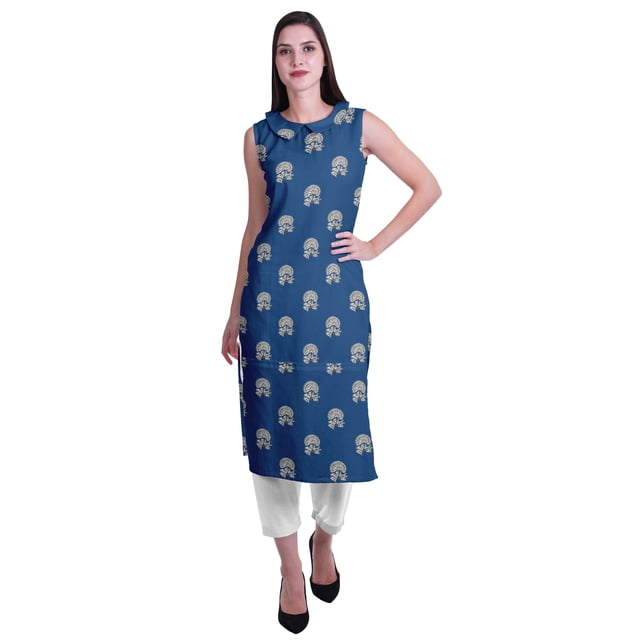 Moomaya Kurta Sans Manches à Col Peter Pan avec Pantalon Ensemble Ethnique 2 Pcs pour Femmes