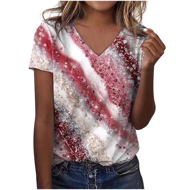 Birdeem Mode Femme Blouse T-Shirt à Col en V à Manches Courtes Été Imprimé Hauts Amples