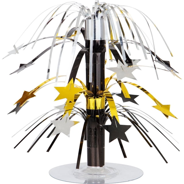 Étoile Argentée et Dorée, Centre de Table de 8 Pouces avec Bandes en Feuille Argentée et Dorée en Cascade et Formes d'Étoiles Argentées, Dorées et Noires, Mesurant 8 Pouces de Hauteur sur une base Ronde Transparente, Convient pour Décorer les tables de Fête Lors des Anniversaires, des baby showers et des Douches Nuptiales.