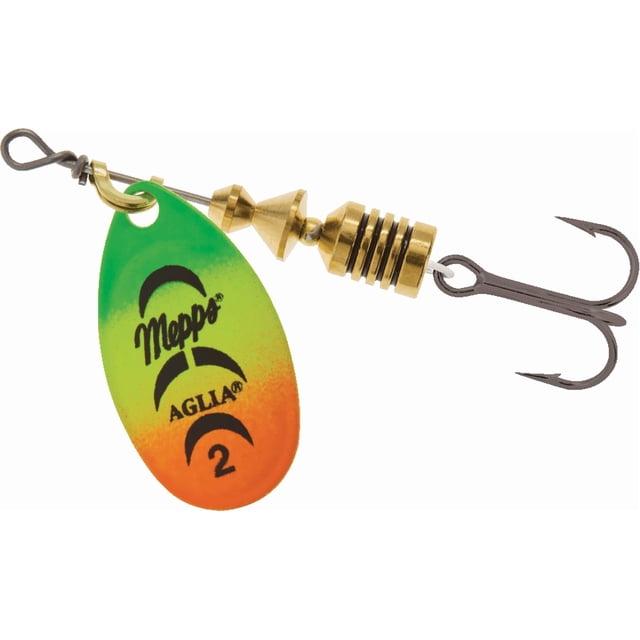 Mepps B2-FT Aglia In-Line Spinner #2 1/6oz Plain Firetiger fishing lure with a green to orange gradient blade featuring black Mepps Aglia branding, brass-colored ribbed and conical metal components, and a dark treble hook, suitable for catching freshwater and saltwater fish and often used as a versatile terminal tackle.