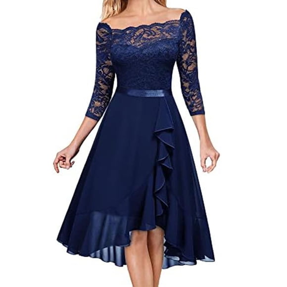 Navy Dresses for Women Solid Color Short Sleeve Lace Dress Square Neck Slim Fit Vintage Cocktail Formal Prom Dress Midi Retro Elegant A-Line Blouse Waisted Pleated Swing Hem Dress,L