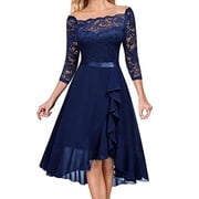 Navy Dresses for Women Solid Color Short Sleeve Lace Dress Square Neck Slim Fit Vintage Cocktail Formal Prom Dress Midi Retro Elegant A-Line Blouse Waisted Pleated Swing Hem Dress,L