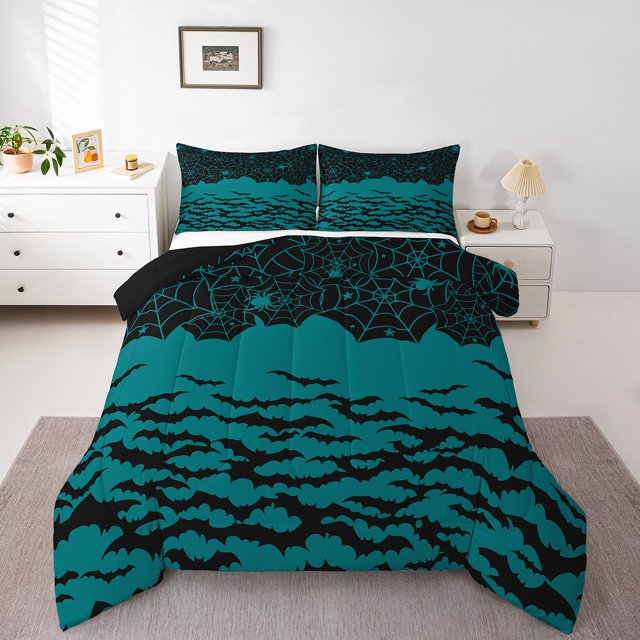YST Spider Web Queen Comforter Set,Gothic Halloween Decorations Bedding Set,Navy Blue Bats Birds Duvet Set,Goth Horror Theme Bed Set,Reversible Wildlife Down Comforter for Kids Boys Girls
