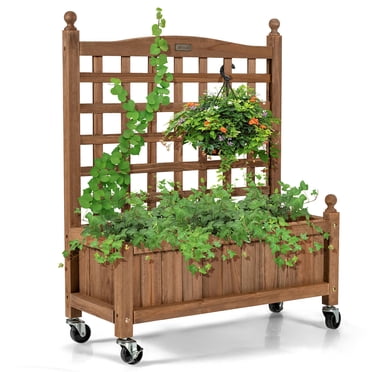 Gymax 32in Wood Planter Box w/Trellis Mobile Raised Bed for Climbing Plant