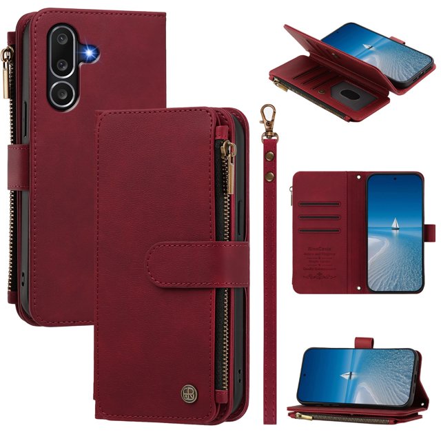 Samsung Galaxy M56 Wallet Cover with Zipper Pocket, Red