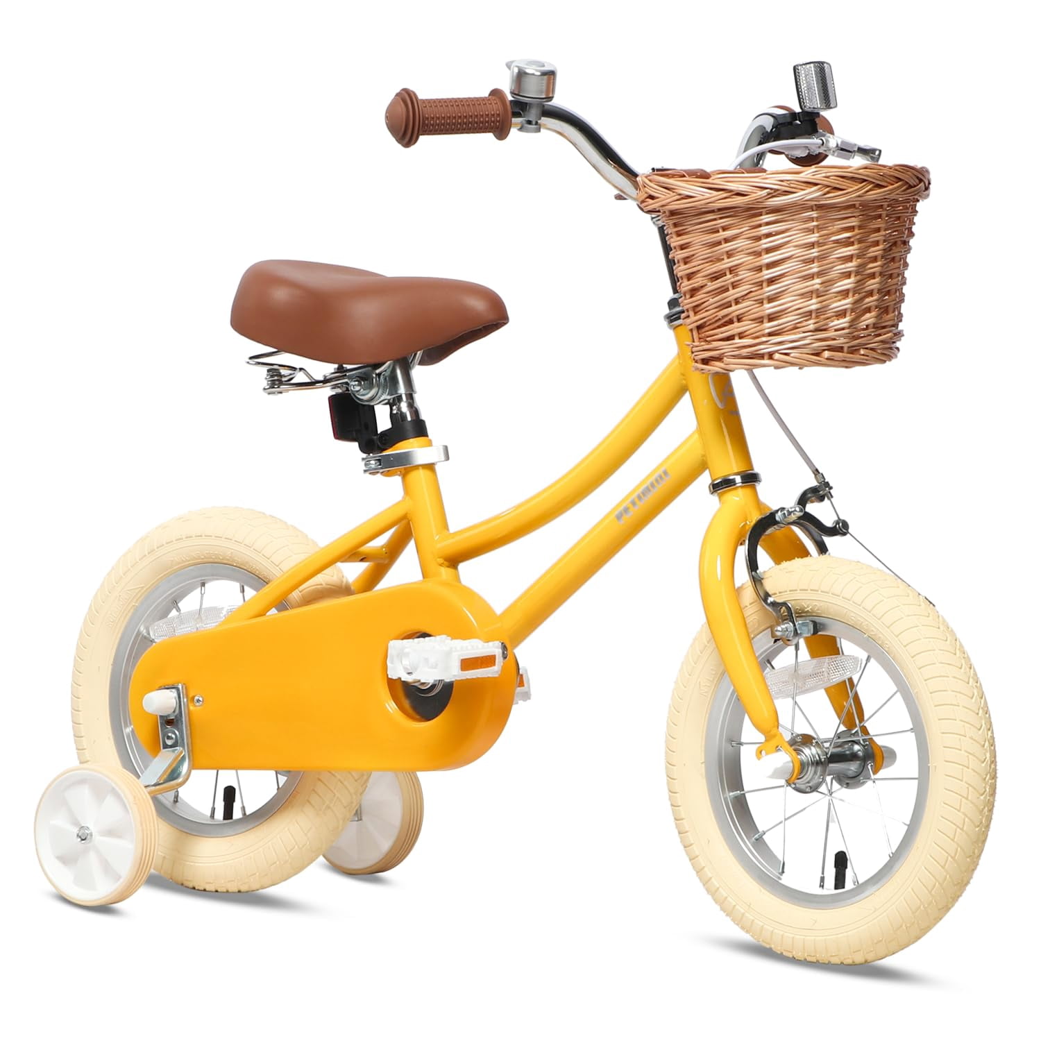 Petimini 12 Inch Kids Bike for Age 2 3 4 Years Old Little Girls Toddlers Retro Vintage Style Bicycles with Basket Training Wheels and Bell, Yellow