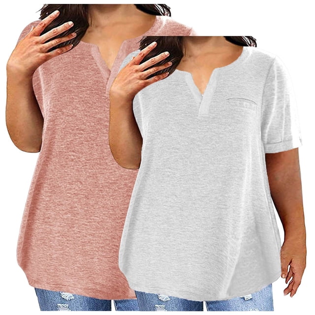 Timegard Haut 2 Pcs Grande Taille pour Femmes Été Manches Courtes Col en V Blouse Confortable Décontractée Mi-Longue