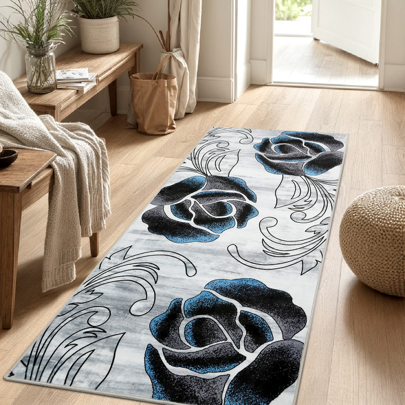 Marina Decoration Décor Tapis de Couloir de Luxe Antidérapant en Caoutchouc, Design Floral Rose Noir Bleu, 26 x 60 Pouces