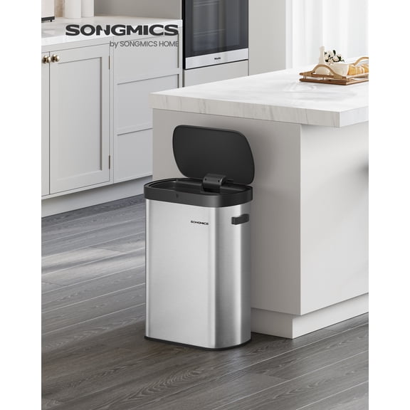 13 Gallon Automatic Trash Can - Motion/Touch Sensor, Stainless Steel, Soft-Close Lid, Includes 15 Bags, Metallic Silver and Ink Black