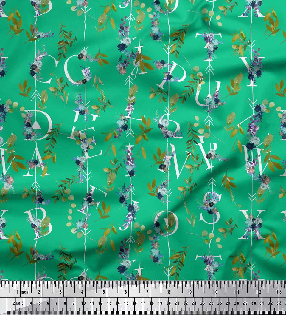Soimoi Green Silk Fabric Floral Love Text Print Sewing Fabric Yard 44 Inch Wide