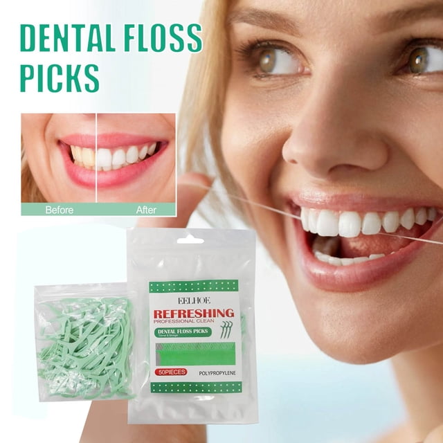 Clearance Items! 50 interdental brushes dual-use floss sticks picks for oral cleaning, designed for portable oral care. Includes green floss picks with a double-ended design for cleaning food debris and tartar between teeth, braces, and implants. Compact storage box makes it travel-friendly for maintaining dental hygiene on the go. Packaging highlights 'Dental Floss Picks' branding and a before-and-after image showcasing improved dental health.