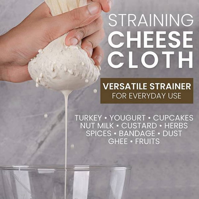 Muslin cloths for cooking, unbleached cheese cloths shown straining liquid into a glass bowl. The beige-white cotton cloth is reusable, washable, and features hemmed edges to prevent fraying. Ideal for specialty cookware tasks like straining turkey, yogurt, nut milk, and more.