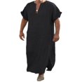 thumbnail image 1 of Mens V Neck Linen Robe Short Sleeve Kaftan Thobe Long Gown Saudi Arab Thobe Islamic Muslim Dubai Robe, 1 of 5