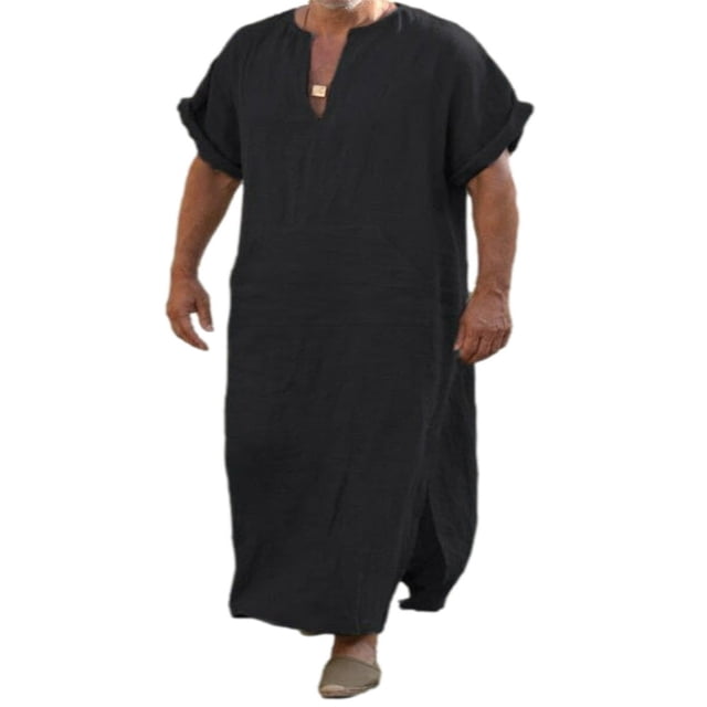 Mens V Neck Linen Robe Short Sleeve Kaftan Thobe Long Gown Saudi Arab Thobe Islamic Muslim Dubai Robe