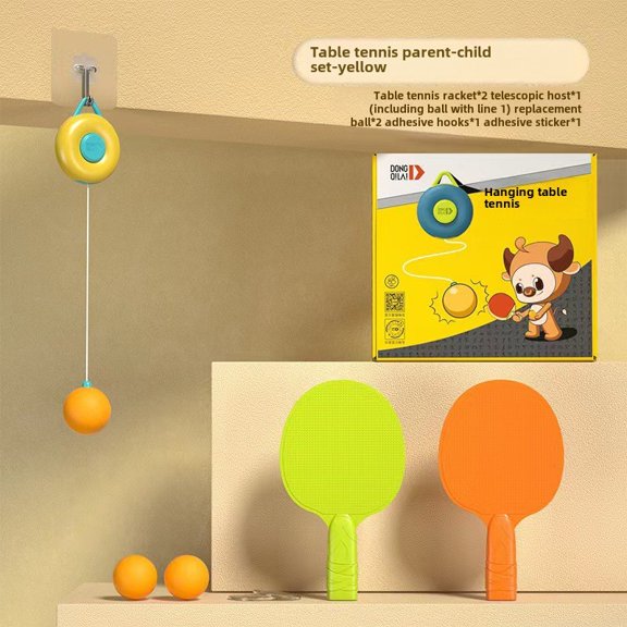 Yumi Kids' Hanging Ping Pong Trainer with Donut Design - Yellow, 2 Paddles & 3 Balls for Indoor Parent-Child Sports, Enhances Hand-Eye Coordination, Durable PP Material, Versatile for