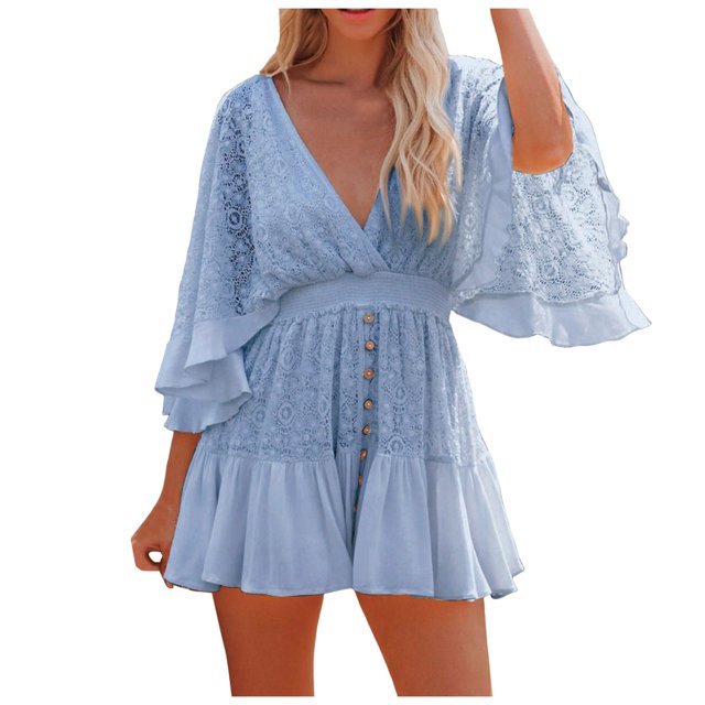 TJAZFJPA Robe à Fente Haute pour Femmes Robe Bohème pour Femmes Manches Évasées Mi-Longues Décolleté en V Profond Taille Haute Dentelle Ajourée Froncée Robe de Plage Robe de Cocktail pour Femmes Dissimule le Ventre Robes Bohèmes pour Femmes
