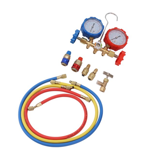 Refrigerant Manifold Gauge Set, Color Coded Scale Adhesive Nylon Resin Hose Air Conditioning Pressure Gauge for R410 22 134A
